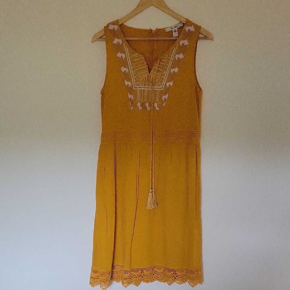 Ella Moon Emorie Mustard Yellow Embroidered Boho Rustic Mini Dress - Size S